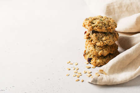 Homemade oat cookies on white background, healthy snack, copy spaceの写真素材