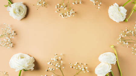 Beige fashion, flowers flat lay background for mothers day, birthday, easter and wedding, top view,...