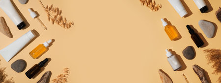 Natural cosmetic concept with serum and cream tube and bottles with natural materials, top view,の写真素材