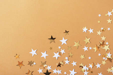 Christmas or birthday stars background, gold glow and shine backdrop, celebration concept, copy spaceの写真素材