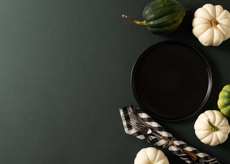 Thanksgiving, harvest and halloween setting table on blackの写真素材