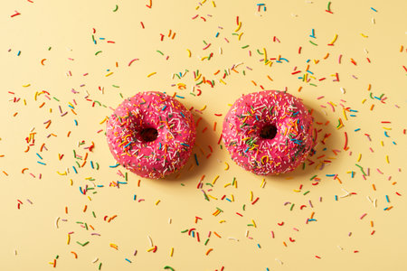 Two pink donuts close up with sprinkles on yellow background, top view, copy spaceの写真素材