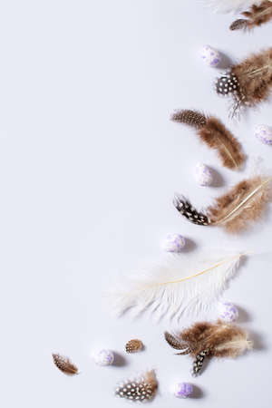 Happy easter concept with feathers and easter eggs on lilac colors background, top view, copy space, verticalの写真素材