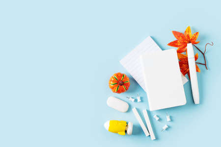 Back to school theme with white schools tools on blue background