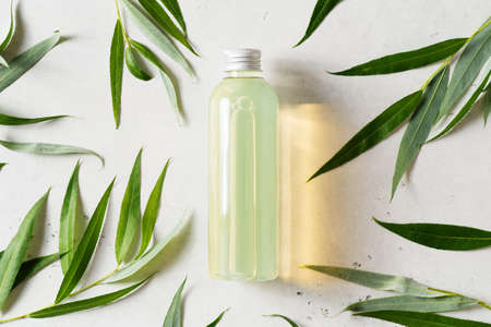 Beauty and cosmetic concept with serum bottles and green leaves on whiteの写真素材
