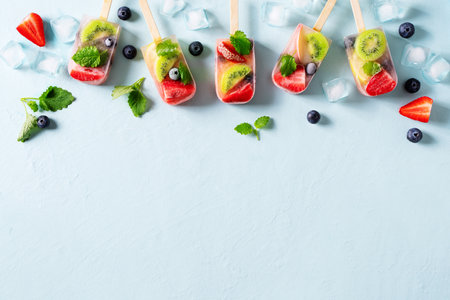 Fruit ice cream, colorful summer dessert on stick with strawberry, blueberry, kiwi and mint leaf on...
