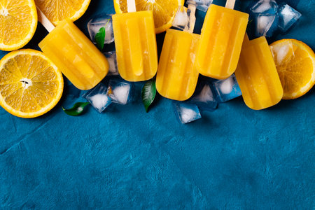Ice cream  orange with ice cube and green leaf on blue background, top view, copy space, flat lay