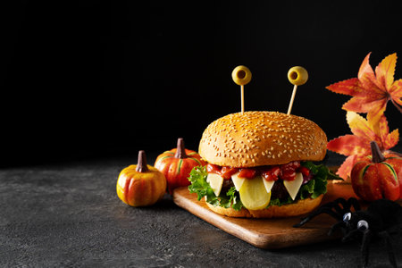 Funny party halloween monster burger on black background, halloween festive, close upの写真素材