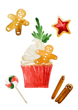 Set of cupcake with gingerbread man and ingredients, cookies, lollipop, cinnamon and gingerbreadの写真素材