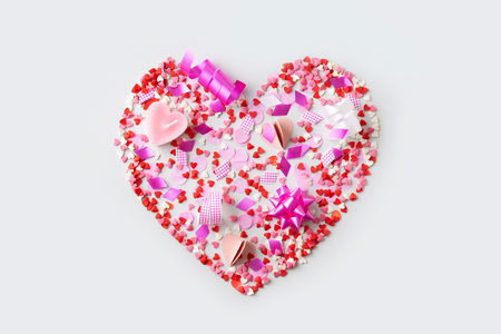 Celebration concept with pink confetti and event decoration in heart shape on white background