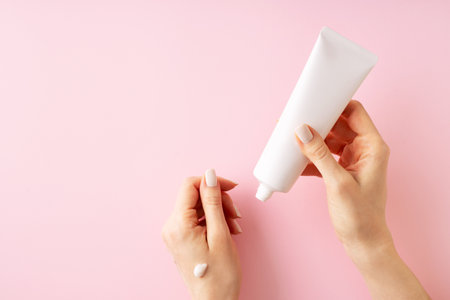 Womans hands with cream on pink backgroundの写真素材