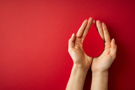 World donor day concept with hand holding paper red drop on red background, top view. copy spaceの写真素材
