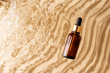 Face serum bottle on sand and water wave background, top view, copy spaceの写真素材