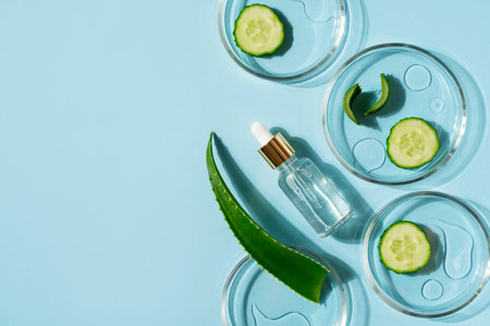 Cosmetic beauty concept with bottle serum, drops, cucumber slice, aloe leaf and petri dish on green background, top view, flat layの写真素材
