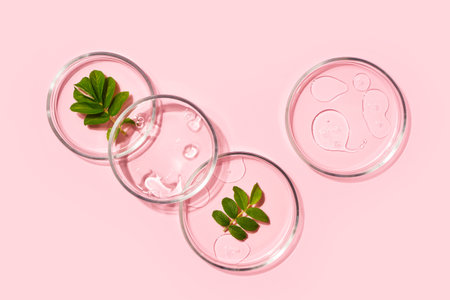 Cosmetic beauty concept with rose, rosehip flower and green leaf bottle serum, drops and petri dish on pink background, top view, flat layの写真素材