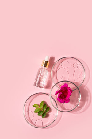Cosmetic beauty concept with rose, rosehip flower and green leafbottle serum, drops and petri dish on pink backgroundの写真素材