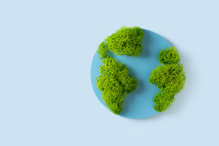 World earth day concept with paper and moss plant planet design on blue background,の写真素材