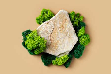 Cosmetic mock up with stone and moss, beauty conceptの写真素材