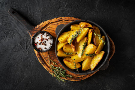 Roasted sliced potatoes with thyme herb, salt, peppers, cut board on black background, top view, copy spaceの写真素材
