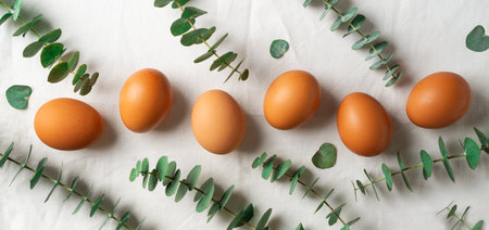 Easter concept background with brown eggs, eucalyptus leaves on white background, top view