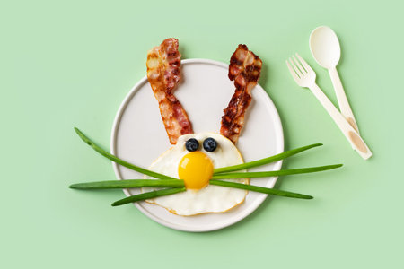 Easter concept with funny fried egg bunny and beconの写真素材