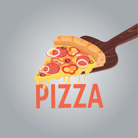 Vector image of creative pizzas. A slice of pizza for the design of advertising for your restaurant business. Cartoon illustration pepperoni.のイラスト素材
