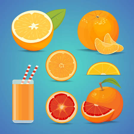 freash orange fruit with green leaves. sliced orangeのイラスト素材