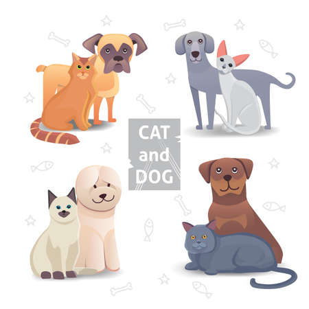 Cute Cat and Dog cartoon illustration. Home animal friends. isolatedのイラスト素材