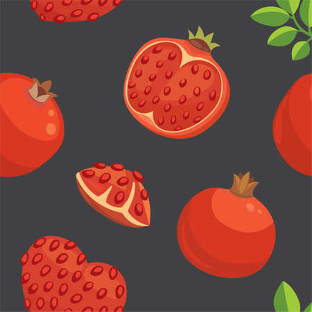 Fresh pomegranates hand drawn background. Doodle wallpaper vector. Colorful seamless patternのイラスト素材