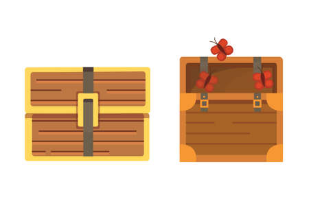 Cute set of diferent chests. Cartoon illustration chest. Safe moneyのイラスト素材