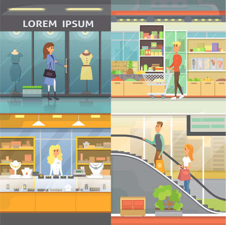 Shopping Center, Boutique Rooms and jewelry store. Supermarket interiors collection. People  in a mall. Set   buying products cartoon illustrationのイラスト素材