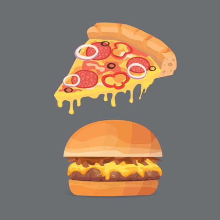 Vector illustration of various fast food. Cartoon pizza and burgerの写真素材