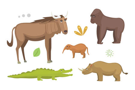 African animals cartoon vector set. elephant, rhino, giraffe, cheetah, zebra, hyena, lion hippo crocodile gorila and outhers safari isolated illustrationのイラスト素材