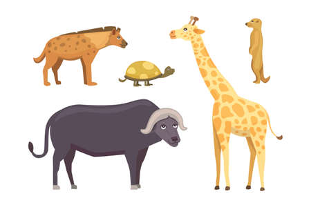 African animals cartoon vector set. elephant, rhino, giraffe, cheetah, zebra, hyena, lion hippo crocodile gorila and outhers safari isolated illustrationのイラスト素材