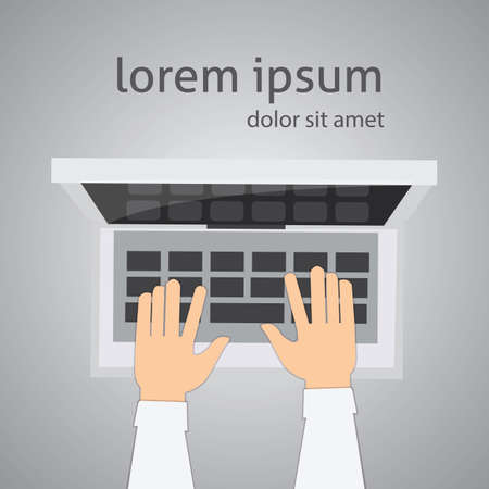 Top view laptop and hands vector digital illustration. workplaceのイラスト素材