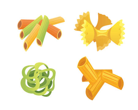 Vector set Italian pasta in cartoon style. Different types and shapes of macaroni with. Ravioli, spaghetti, tortiglioni illustrationのイラスト素材