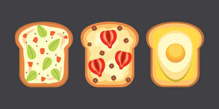 Set toasts and sandwich breakfast. Bread toast with jam, egg, cheese, blueberry, peanut butter, salami, fish. Flat vector illustration.のイラスト素材