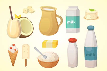 Fresh organic milk products set with cheese, butter, coffee, sour cream and ice cream.のイラスト素材