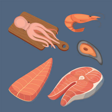 Vector Seafood illustrations set flat fresh fish and crab. Lobster and oyster, shrimp and menu, octopus animal, shellfish lemonのイラスト素材