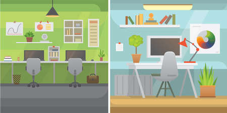 Office interiors horizontal banners. Bussines workplace with computer and table flat modern designのイラスト素材