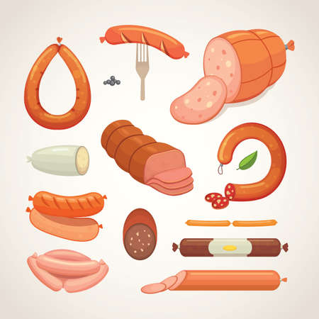 Set of vector cartoon sausage. Bacon, sliced Salami and Smoked Boiled. Isolated fresh Delicatessen icons. Grilled product on a white backgroundのイラスト素材