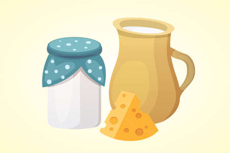 Fresh organic milk products set with cheese, butter, coffee, sour cream and ice creamのイラスト素材