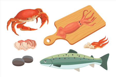 Vector Seafood illustrations set flat fresh fish and crab. Lobster and oyster, shrimp and menu, octopus animal, shellfish lemonのイラスト素材