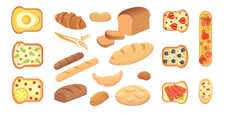 different breads and bakery products vector illustrations. Buns for breakfast. set bake food and toast isolated.のイラスト素材