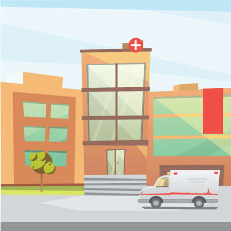 Hospital building cartoon modern vector illustration. Medical Clinic building and city background. Emergency room exteriorのイラスト素材