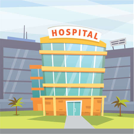 Hospital building cartoon modern vector illustration. Medical Clinic building and city background. Emergency room exteriorのイラスト素材