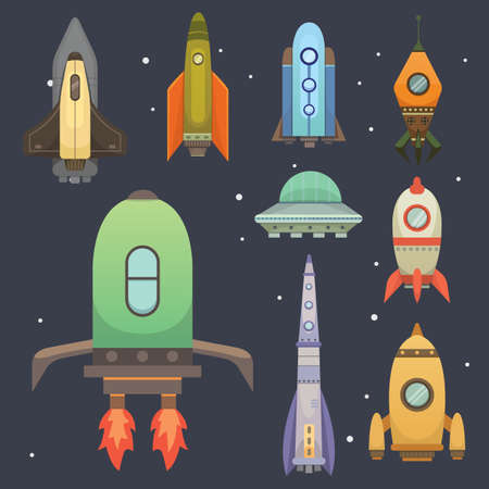 Rocket ship in cartoon style. New Businesses Innovation Development Flat Design Icons Template. Space ships illustrations setのイラスト素材