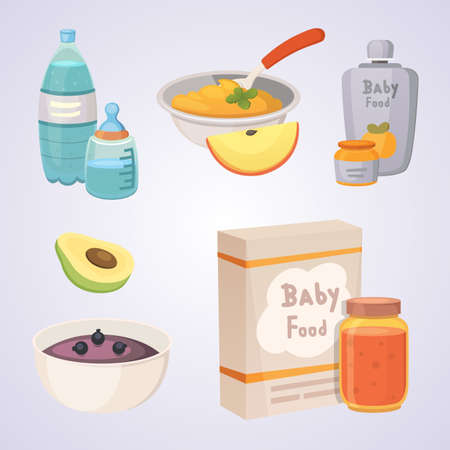 Juices and purees from green apples and broccoli for baby. food for baby cartoon products set.のイラスト素材