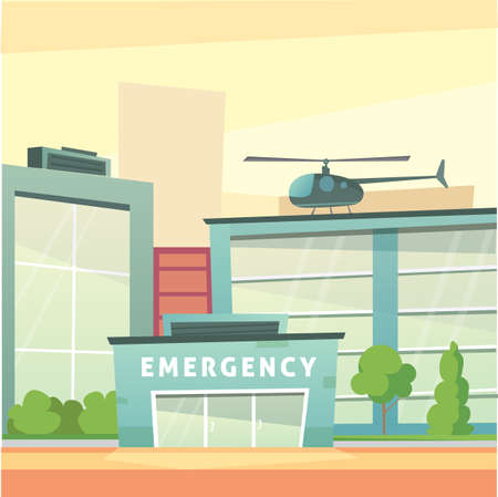 Hospital building cartoon modern vector illustration. Medical Clinic and city background. Emergency room exteriorの写真素材