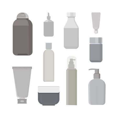 Cosmetic bottles vector set. Beauty shampoo bottle and container with lotion for skinのイラスト素材